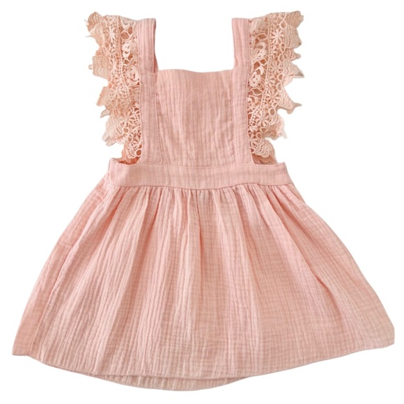 Other - Peach Pink Cotton Linen Lace Trim Overall SunDress | Girls 3-4T
